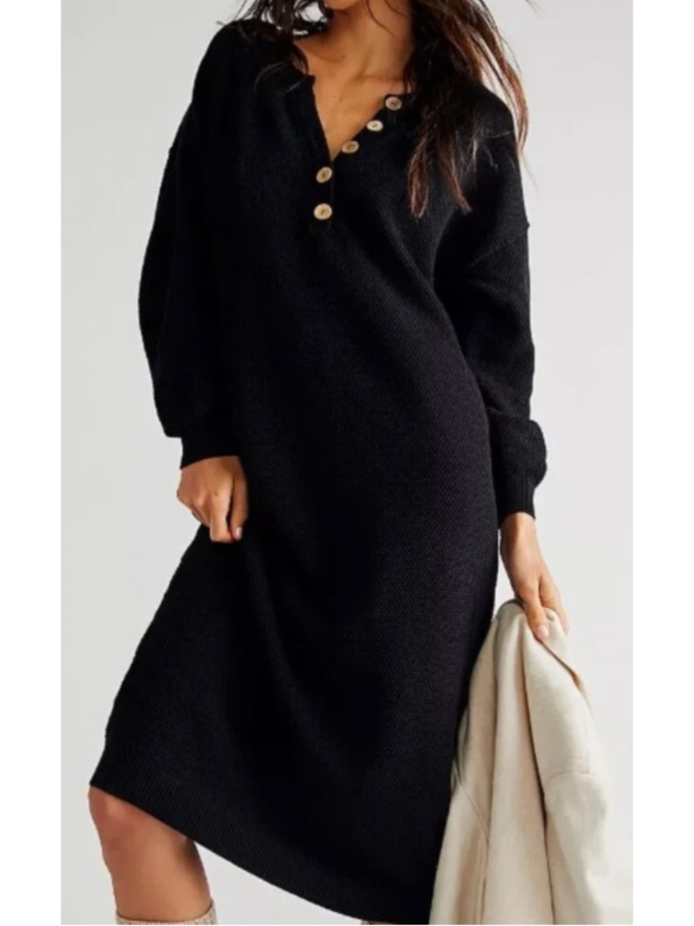 Free People Beach Black Oversized Waffle Knit Sweater Dress